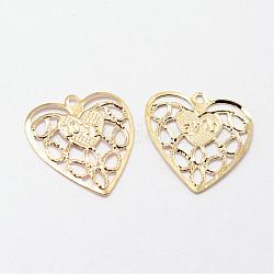 Hollow Filigree Iron Pendants, Heart with Love, For Valentine's Day, Golden, 19x19x1mm, Hole: 1.5mm