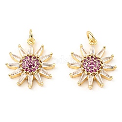Rack Plating Brass Micro Pave Clear Cubic Zirconia Pendants, Real 16K Gold Plated, Sun, Medium Violet Red, 20x18x3.5mm