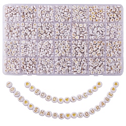 1255pcs 28 perles acryliques opaques de style, plat rond avec coeur & étoile & alphabet, plaqué or, 6.5~7x3.5~4mm, Trou: 1.2~1.8mm