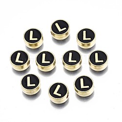 Legierung Emaille-Perlen, cadmiumfrei und bleifrei, Licht Gold, flach rund mit Alphabet, Schwarz, letter.l, 8x4 mm, Bohrung: 1.5 mm
