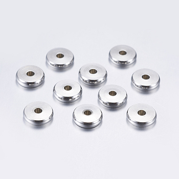 304 Edelstahl-Abstandhalter-Perlen, Flachrund, Edelstahl Farbe, 8x2 mm, Bohrung: 2 mm