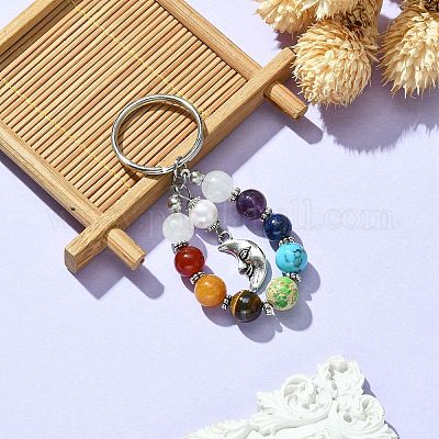 7 Chakra Gemstone Bead Pendant Keychain with Tibetan Style Alloy Charm, for  Car Key Bag Ornament, Moon, 7.7cm