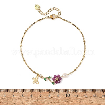 Fußkettchen aus Edelstahl 304 mit natürlicher Rubinperle und Blumenmuster für Damen&nbsp;AJEW-AN00854-1