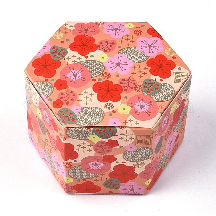 六角形のお菓子の包装箱  結婚披露宴のギフト用の箱  ボックス  花柄  サンゴ  7.65x8.8x5.7cm  展開：21.7x16.4x0.04cm CON-F011-02A-1
