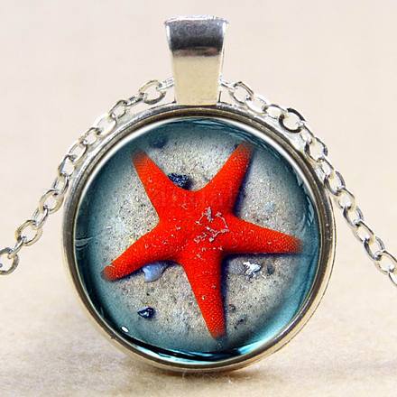 Glass Fantasy Underwater World Red Starfish/Sea Stars Time Gem Pendant Necklaces NJEW-N0051-001C-02-1