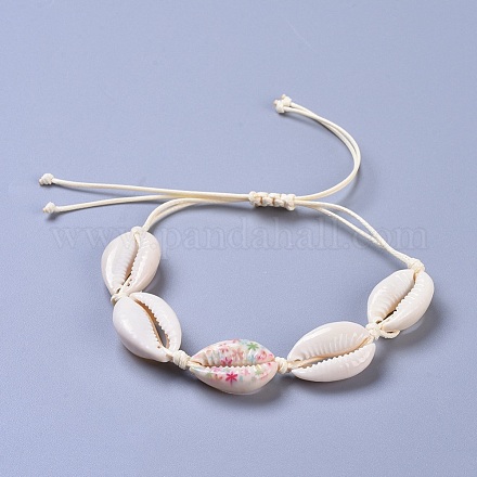 Verstellbare geflochtene Perlenarmbänder aus Kaurimuschel X-BJEW-JB04272-04-1