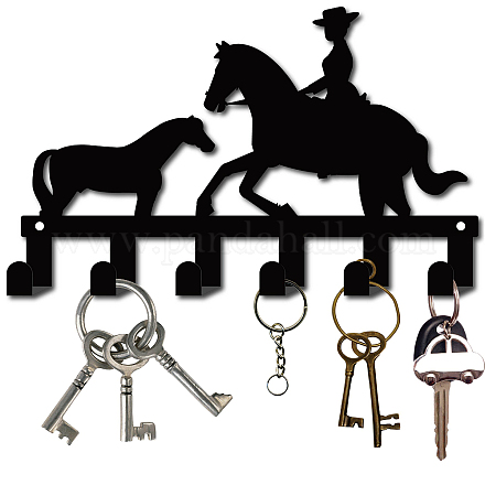 鉄の壁に取り付けられたフックハンガー  6つのフックが付いている装飾的なオーガナイザーラック  バッグ服用キースカーフハンギングホルダー  馬とライダー  ガンメタ色  16.5x27cm AJEW-WH0156-059-1