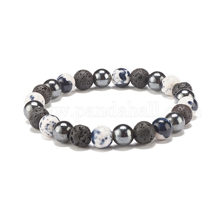 Natural White Jade(Dyed) & Lava Rock & Synthetic Hematite Round Beaded Stretch Bracelet BJEW-JB07972-04-1
