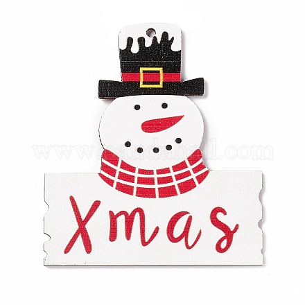 クリスマス スプレー塗装木材の大きなペンダント  クリスマスという言葉を持つ雪だるま  カラフル  89.5x79.5x2mm  穴：3.5mm FIND-H030-19-1