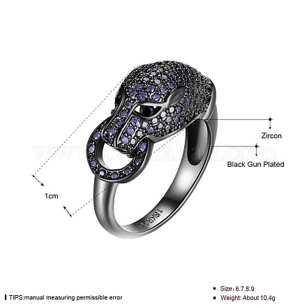 トレンドの真鍮製キュービックジルコニア指輪  動物  サイズ9  パープル  ガンメタ色  18.9mm RJEW-BB27202-C-9-1