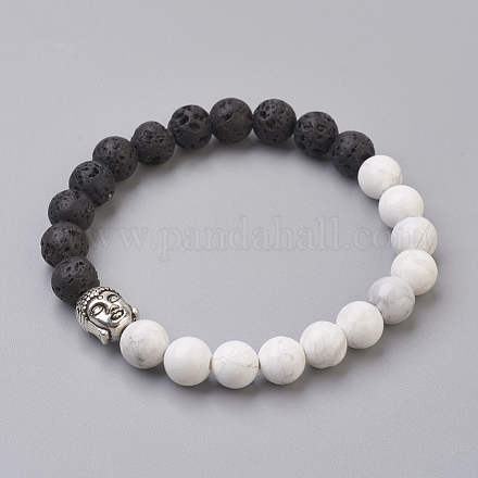 Perles de pierre de lave naturelle et perles de howlite naturelles bracelets extensibles BJEW-JB03851-05-1