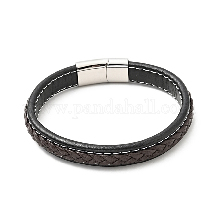 Bracelet cordon plat tressé en cuir de vachette avec 304 fermoirs aimantés en acier inoxydable BJEW-H552-01P-03-1