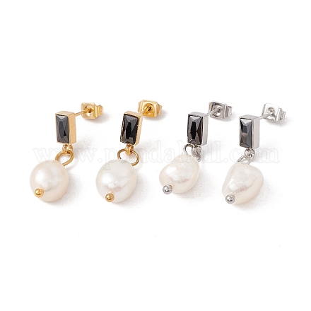 Rectangle de jais en strass avec boucles d'oreilles pendantes en perle naturelle EJEW-E264-04-1