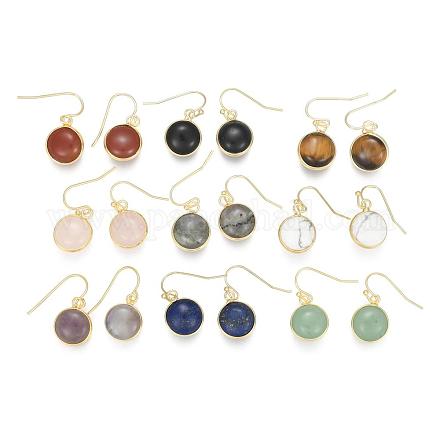 Flat Round Golden Tone Brass Natural & Synthetic Mixed Stone Dangle Earrings EJEW-M059-M-1