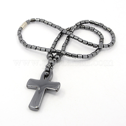 Mens saint ankh croix colliers pendants d'hématite NJEW-F026-17-1
