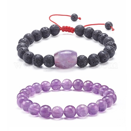 Natural Amethyst & Lava Rock Braided Bead Bracelets Set for Girl Women BJEW-JB06972-04-1