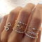 7Pcs Alloy with Crystal Rhinestone Finger Rings, Heart/Word/Flower, Golden, Inner Diameter: 16~19mm