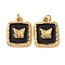 304 Stainless Steel Enamel Pendants, Square with Butterfly Charm, with Jump Ring, Ion Plating(IP), Real 18K Gold Plated, Black, 16x12x2.5mm, Hole: 2.5mm
