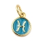 Real 18K Gold Plated Brass Enamel Charms, with Jump Ring, Long-Lasting Plated, Lead Free & Cadmium Free, Flat Round with Pisces Charms, Dark Cyan, 10x8x1mm, Hole: 4mm