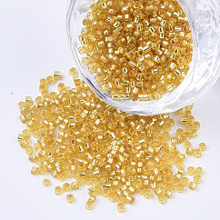 Perline cilindriche di vetro, perline semi, argento rivestito, foro rotondo, oro, 1.5~2x1~2mm, Foro: 0.8 mm, circa 8000pcs/scatola, su 85~95 g / borsa