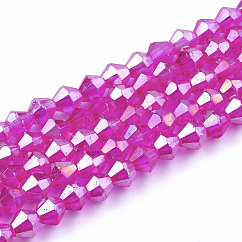 Abalorios de vidrio electroplate hebras, color de ab, facetados, bicono, magenta, 4~4.5x4mm, agujero: 0.8~1 mm, aproximamente 75~78 pcs / cadena, 28~29 cm