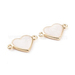 Link smalto in ottone,  cadmio& piombo libero, placcato di lunga durata, cuore, bianco, vero placcato oro 18k, 11x17.5x2mm, Foro: 1.4 mm