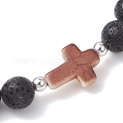 Braccialetti elastici in pietra lavica naturale e perline turchesi sintetiche per uomo e donna&nbsp;BJEW-JB12226-02
