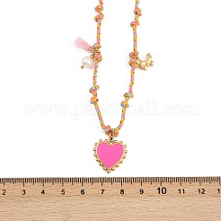 Collane regolabili con ciondolo a forma di cuore rosa in acciaio inossidabile 304 e cordino in cotone&nbsp;NJEW-C093-02G