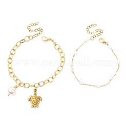 2 pièce 2 styles 304 bracelets à breloques en acier inoxydable tortue de mer et perles de coquillage rondes et 316 bracelets à maillons en acier inoxydable chirurgical imitation perles en plastique pour femmes&nbsp;BJEW-JB12422
