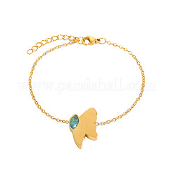 Bracciale da donna in acciaio inossidabile 304 con maglie a farfalla e pavé di zirconi cubici blu cielo intenso.&nbsp;WG2B8C6-01