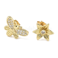 Pendientes de botón con micropavé de latón y circonitas cúbicas transparentes con diseño de abejas y flores&nbsp;EJEW-C145-01G