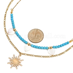 Collana a doppio strato con ciondolo a forma di sole in conchiglia d'acqua dolce naturale e lega di vetro&nbsp;NJEW-JN05469-01