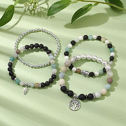 4 Stück 4 Stile 6/8mm runder natürlicher Lavastein & Blumen-Amazonit & Muschelperlen stapelbare Stretch-Armband-Sets&nbsp;BJEW-JB10333