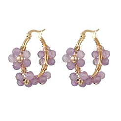 Orecchini a cerchio in ottone e ametista naturale a forma di fiore&nbsp;EJEW-TA00781-02
