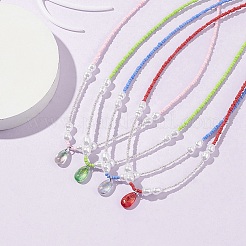 Collier pendentif en forme de larme de verre avec chaînes de perles de graines&nbsp;NJEW-JN04333