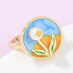 Manschettenringe aus Messing mit himmelblauer Emaille-Blume&nbsp;RJEW-C139-17C-G