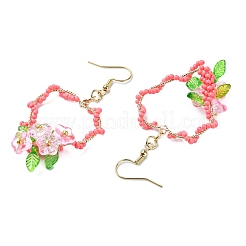 Orecchini pendenti in acciaio inossidabile 304 con perline di vetro e fiori&nbsp;EJEW-MZ00335-03