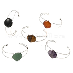 Brazaletes planos redondos de latón huecos con piedras preciosas mixtas naturales para mujer.&nbsp;BJEW-JB14330-01