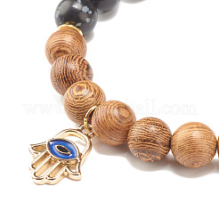 Bracelet extensible perlé en bois de wengé naturel et pierres précieuses avec main hamsa avec charme mauvais œil&nbsp;BJEW-JB07819