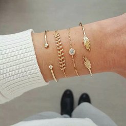 4 stücke 4 arten feder & flache runde legierung mit kristall strass manschette armreifen & link armbänder&nbsp;FS-WGEDE23-01
