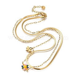 Placcatura ionica (ip) 304 acciaio inossidabile smaltato doppio strato fiore e api collane pendenti per le donne&nbsp;NJEW-F328-19G-03