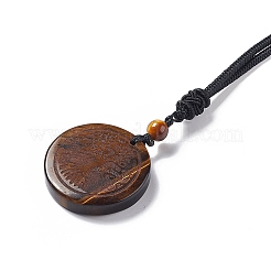 Gemma naturale rotonda piatta con collana pendente albero della vita con cordino in nylon da donna&nbsp;NJEW-P274-03