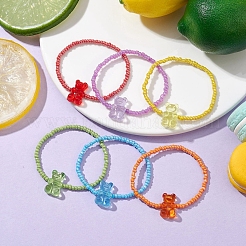 6 Stück Acrylperlen-Armbänder im Regenbogen-Stil in Bärenform für Kinder&nbsp;BJEW-JB10066