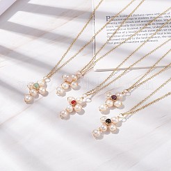 Collana con pendente a croce intrecciata con pietre preziose naturali e perle&nbsp;NJEW-JN03920