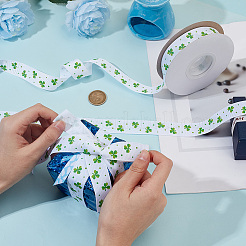 Grosgrain-Bänder aus Polyester mit Kleeblatt-Aufdruck zum St. Patrick's Day&nbsp;SRIB-WH0011-304B