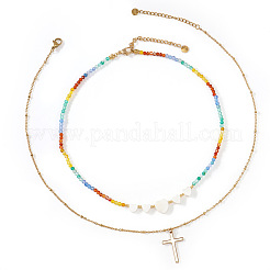 Sommerlicher Strand Regenbogen Naturstein- und Muschelherz-Doppellagen-Perlenkette mit Edelstahl-Kreuzanhänger&nbsp;EX6128-1