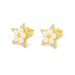 Cubic Zirconia Star Stud Earrings with Glass Pearl, Real 18K Gold Plated Brass Jewelry for Women, Lead Free & Cadmium Free, WhiteSmoke, 14.5x15.5mm, Pin: 0.8mm