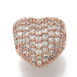 Brass Micro Pave Cubic Zirconia Beads, Heart, Clear, Rose Gold, 8x7x5mm, Hole: 1mm
