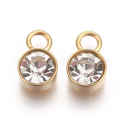 Glass Rhinestone Charms, April Birthstone Charms, with Golden Tone 201 Stainless Steel Findings, Flat Round, Crystal, 10x6x4mm, Hole: 2.3mm