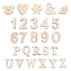 Cabochon alfabeto in legno di pino gorgecraft, forme di legno tagliate al laser, undyed, 26 lettere e numeri e forme miste, Burlywood, 3grupi / borsa